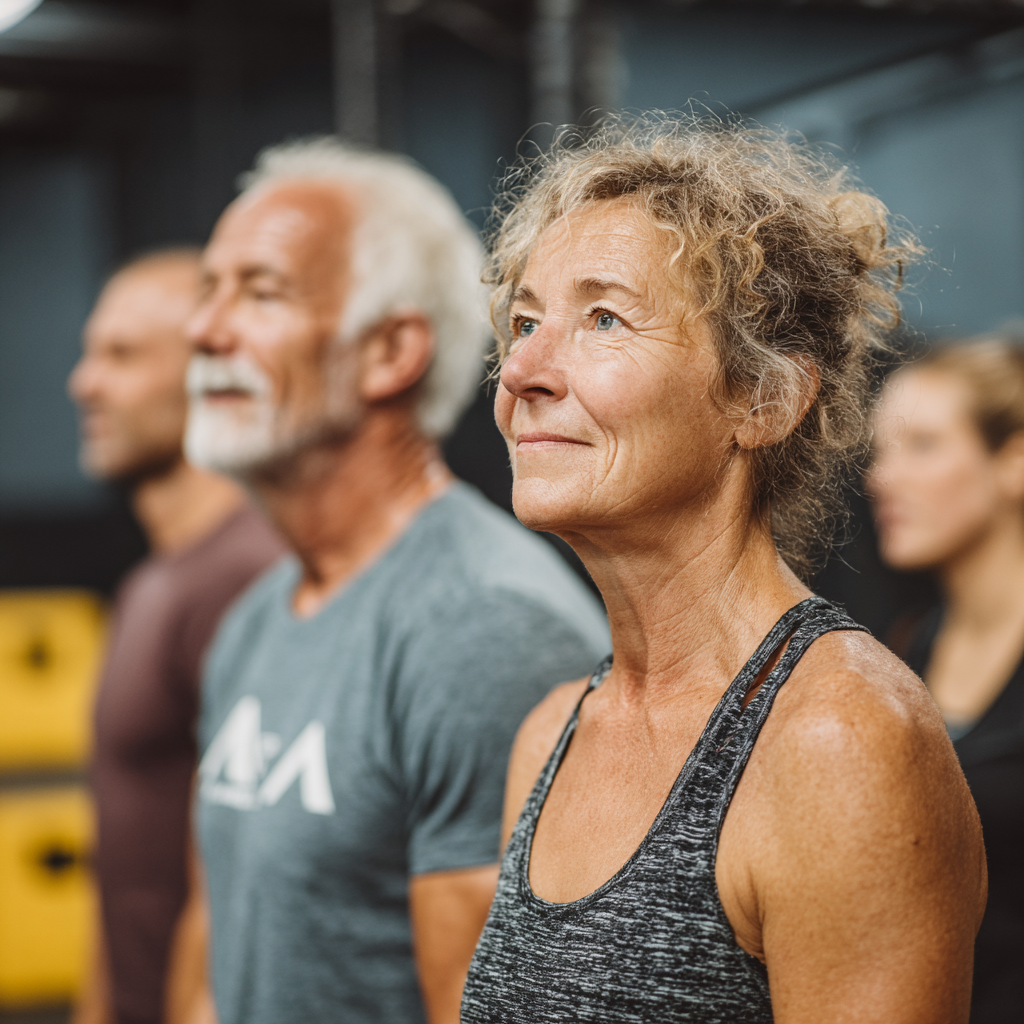 Група людей віком 50-60 років під час групового заняття з елементами функціонального тренування