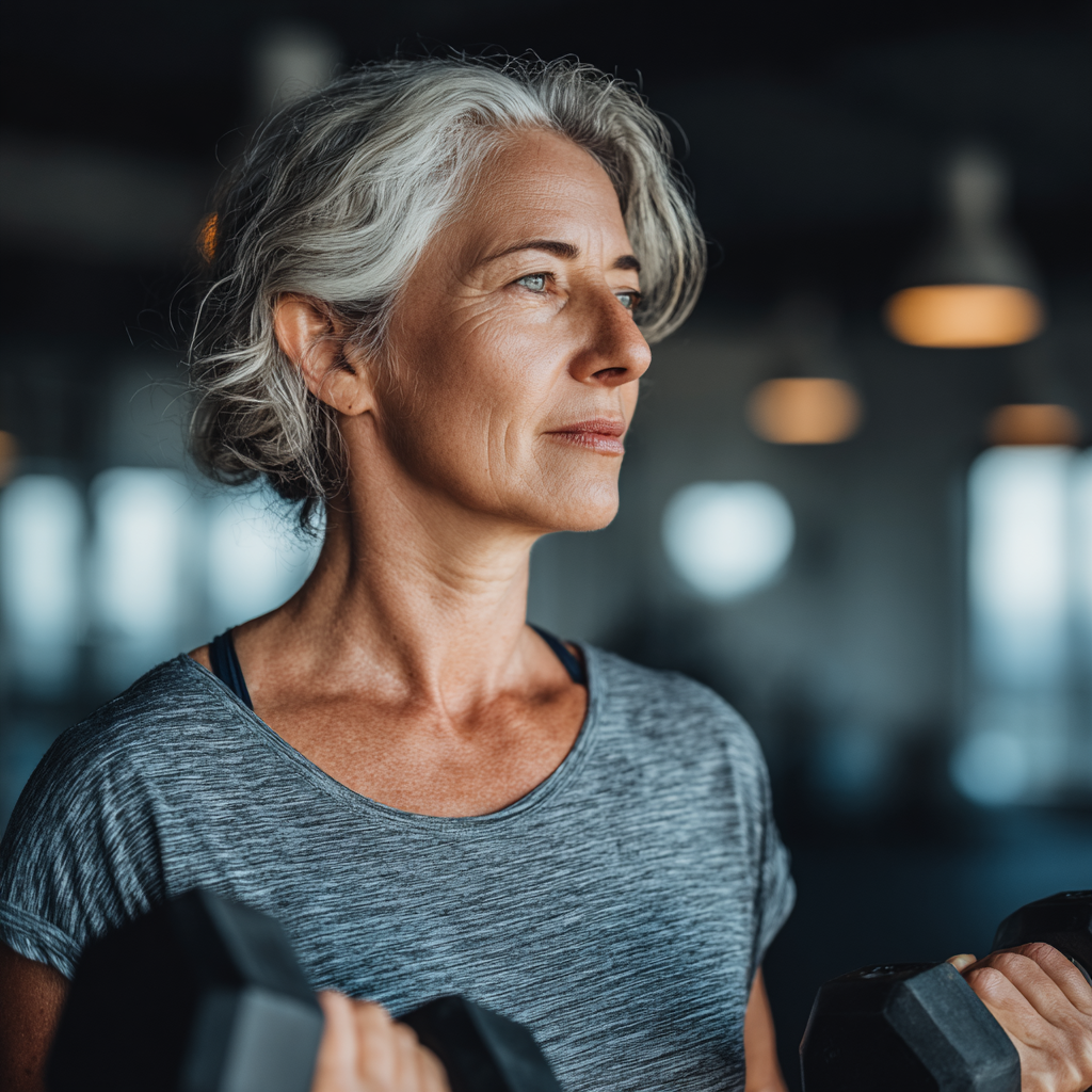 Енергійна жінка 55 років виконує силові вправи з гантелями в сучасному фітнес залі